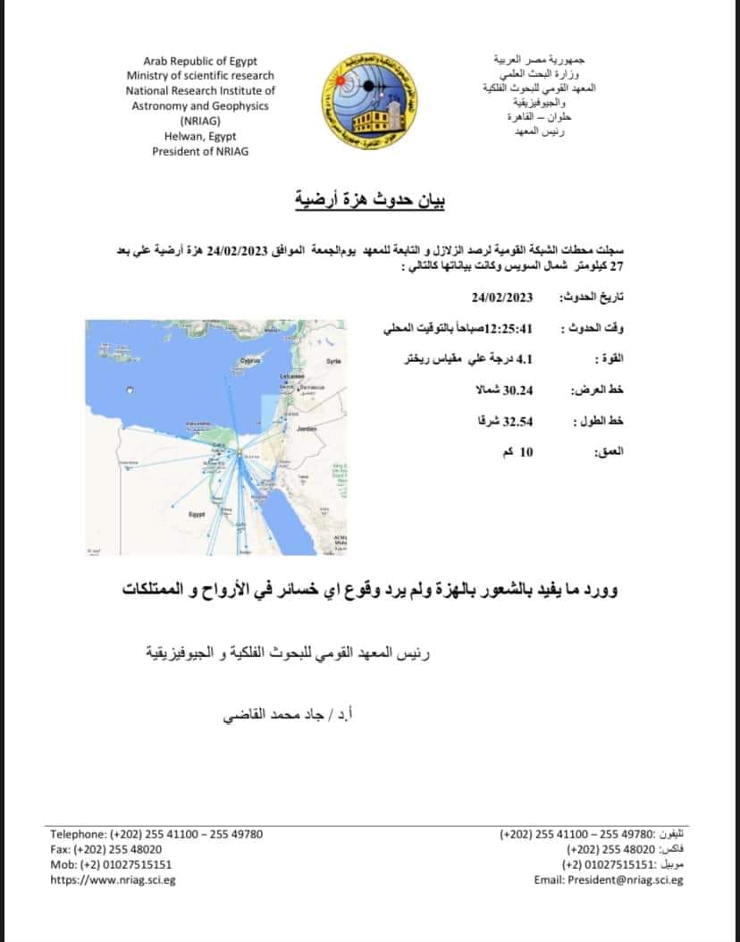 هزة أرضية علي بعد 27 كم شمال مدينة السويس ودرجة قوته 4.1 ريختر وعلي عمق 10كم